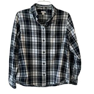 L.L. Bean Petite Small Women's Black White Plaid Button Down Flannel Shirt